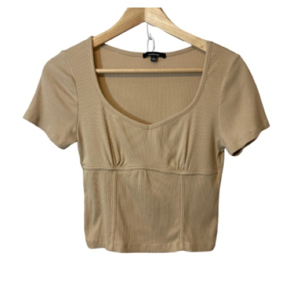 Ambiance Tan Light Brown Ribbed Lined Scoop Neck Cropped Crop Top Women's Large